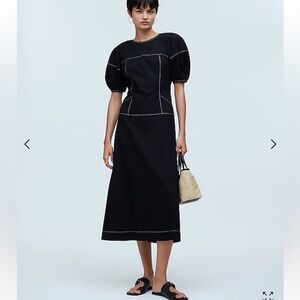 NWT Madewell Puff-Sleeve Drop-Waist Midi Dress Lightweight Cotton Black Size 2